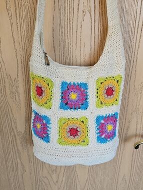 Studio Works Cream Crochet Crossbody Bag with Colorful Granny Square Accents